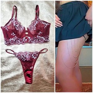 Body Jewelry + 2 Piece - Sexy Burgundy Floral Lace Lingerie Set